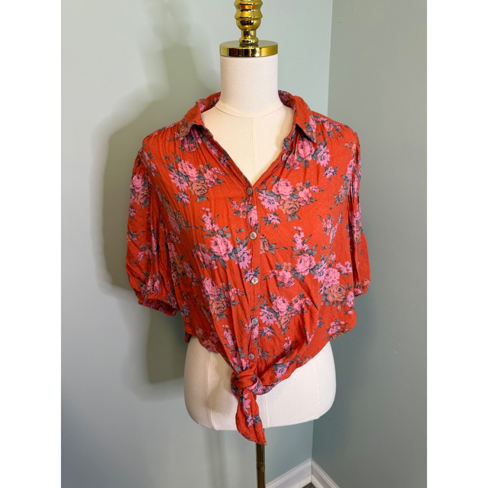 Free People Orange Pink Floral Tie Front Cropped Button Down Blouse Size Small